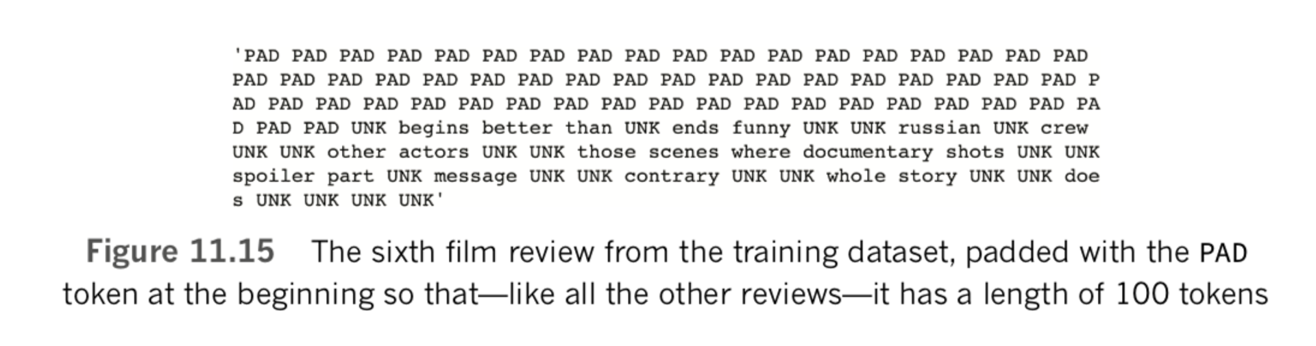 The sixth film review from the training dataset, padded with the PAD token at the beginning so that - like all the other reviews - it has a 100 token length