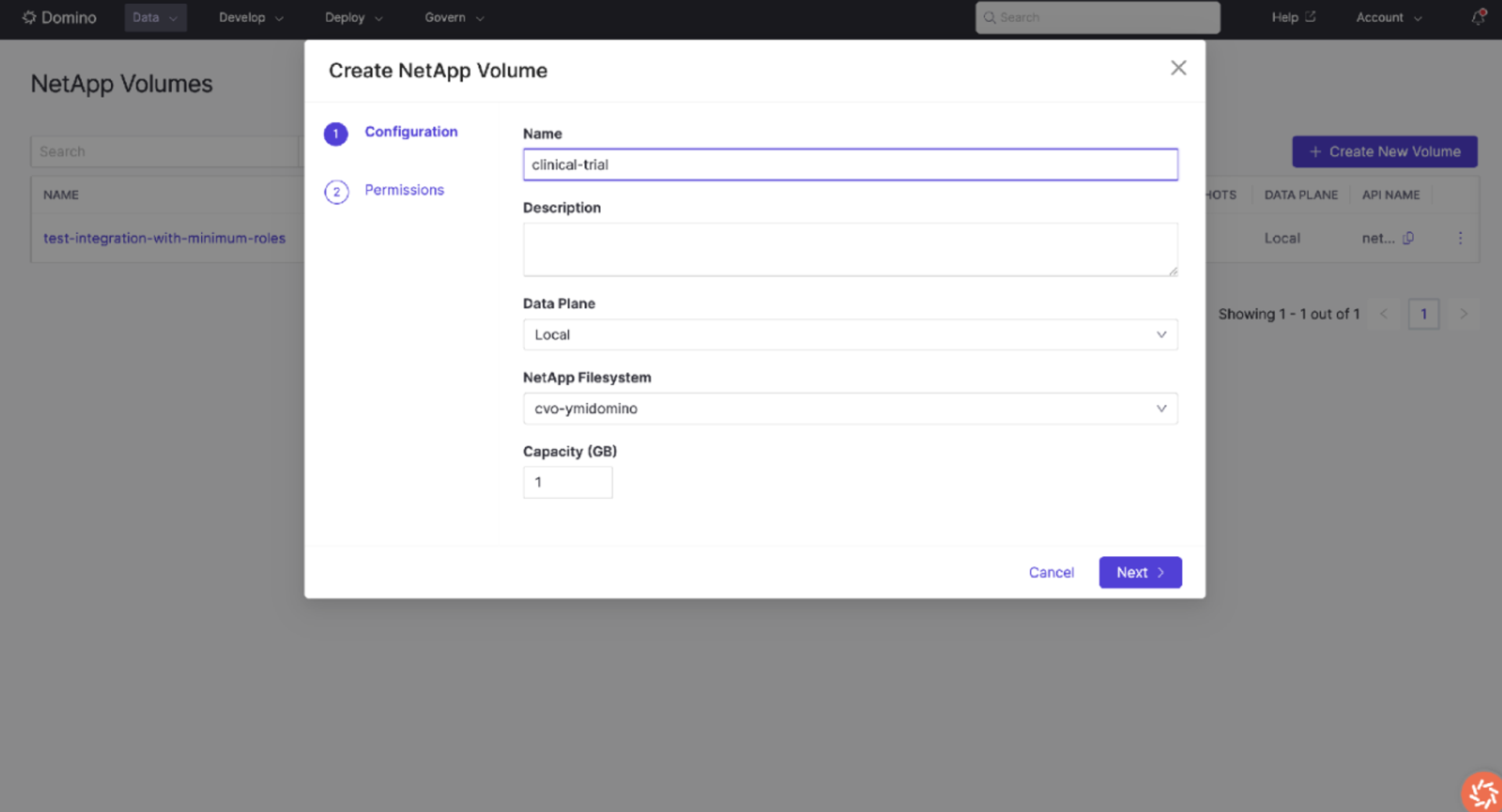 Domino Create NetApp Volume wizard.  Configuration step showing Name, Data Plane, NetApp Filesystem, and Capacity fields