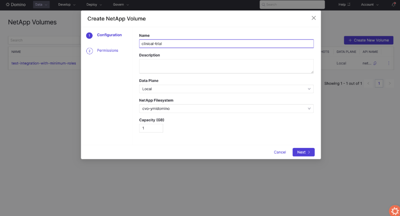 Domino Create NetApp Volume wizard. Configuration step showing Name, Data Plane, NetApp Filesystem, and Capacity fields