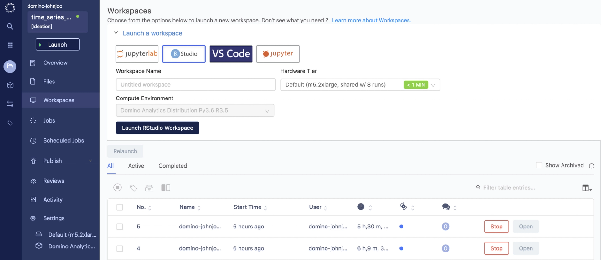 Domino Data Lab Enterprise MLOps workspace