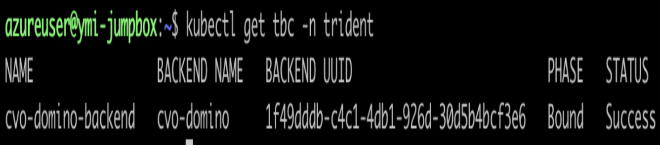 kubectl output showing cvo-domino-backend in Phase: Bound, Status: Success