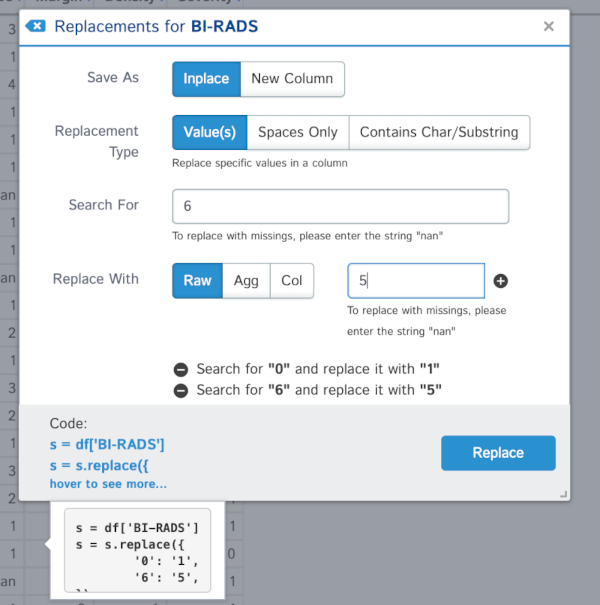 Replacements for BI-RADS column