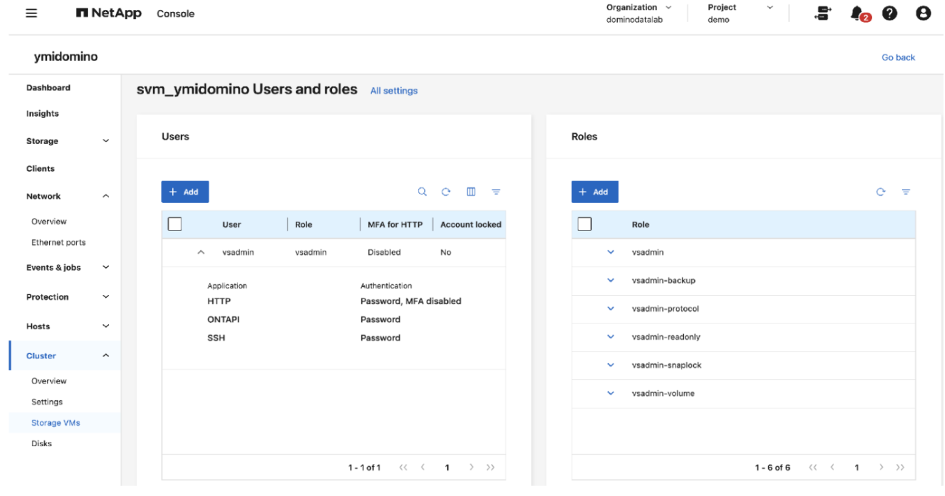 ONTAP System Manager Users and roles panel showing vsadmin with Role: vsadmin and Account locked: No