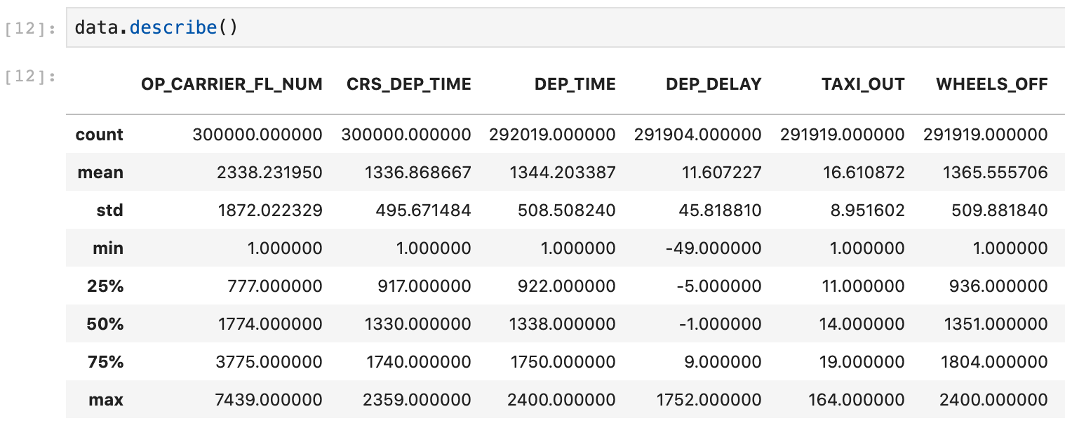 pandas describe used on the airlines dataframe