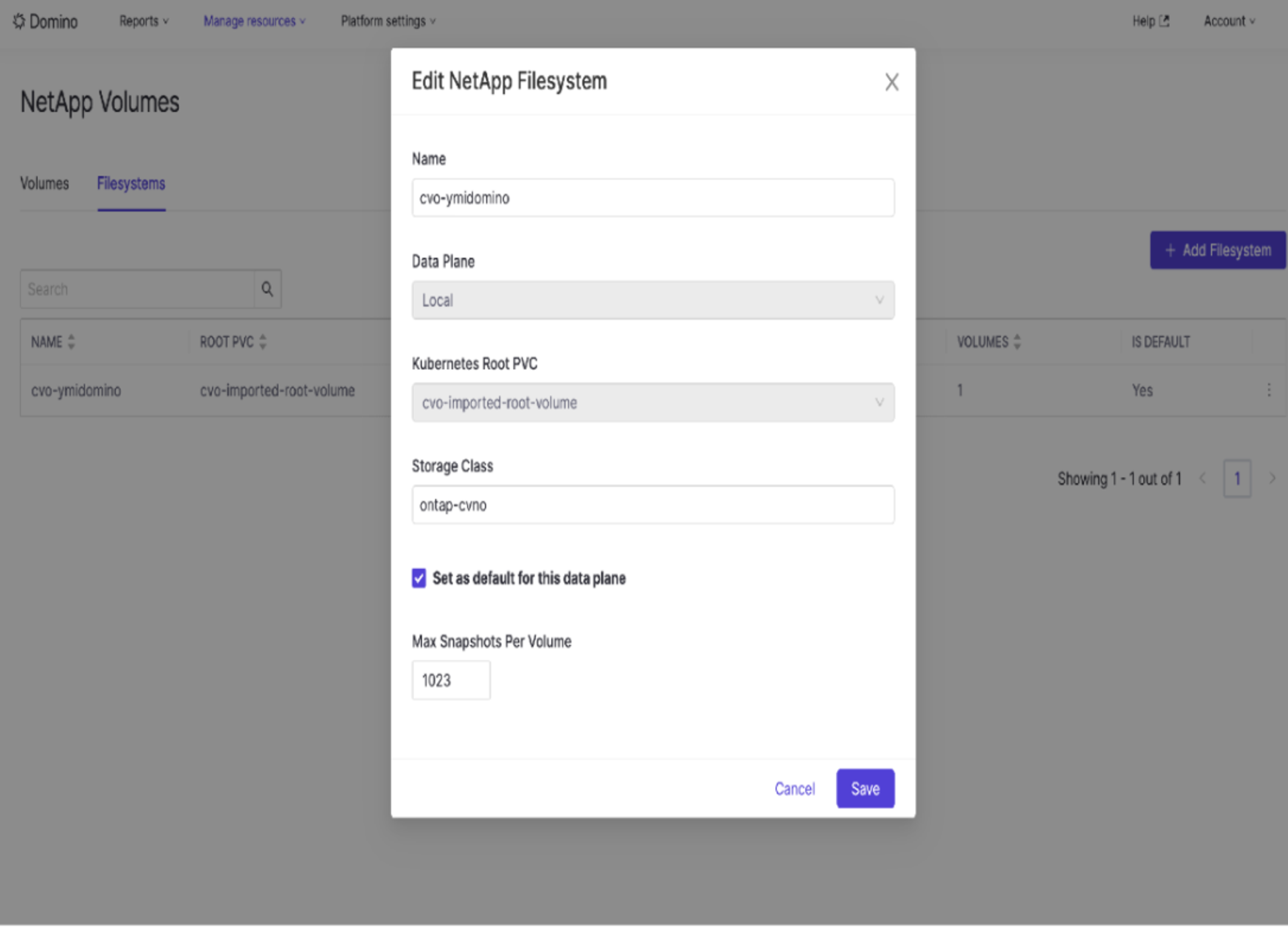 Domino Edit NetApp Filesystem dialog showing Name: cvo-ymidomino, Kubernetes Root PVC: cvo-imported-root-volume, Storage Class: ontap-cvno, Max Snapshots Per Volume: 1023