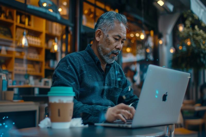 A data scientist sitting in a coffee shop working on his laptop