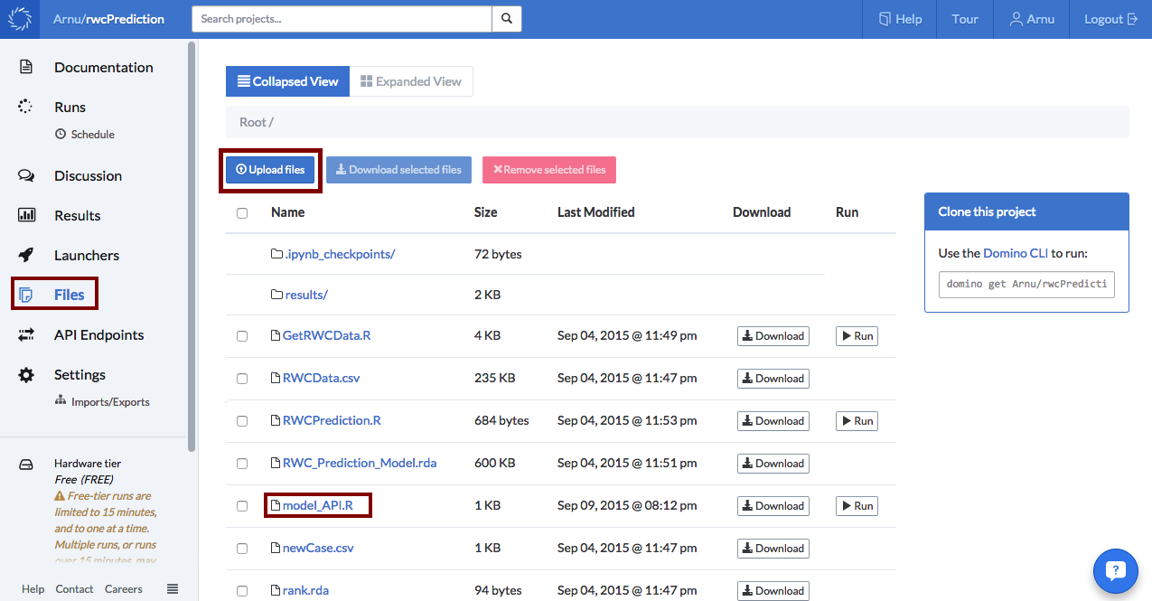 Uploading a file in Domino Data Lab