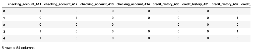 table showing the recoded categorical attributes (first 5 rows only). each attribute has been unpacked into binary dummy variables (i.e. checking_account becomes checking_account_A11, checking_account_A12 etc.)