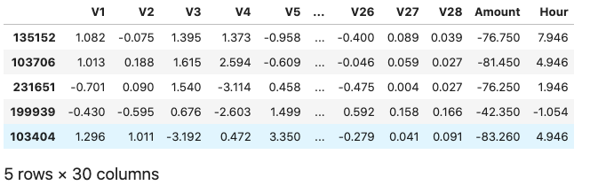 The final training dataset showing the V1-V28 attributes, plus the Amount and Hour attributes. Time has been dropped out.