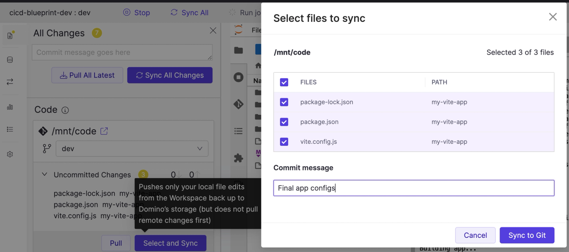 Commit code to development