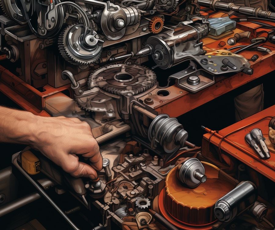 An illustration of a mechanic tuning an engine