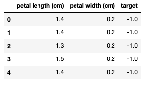 output of iris_df.head() showing the first 5 entries in the data frame.