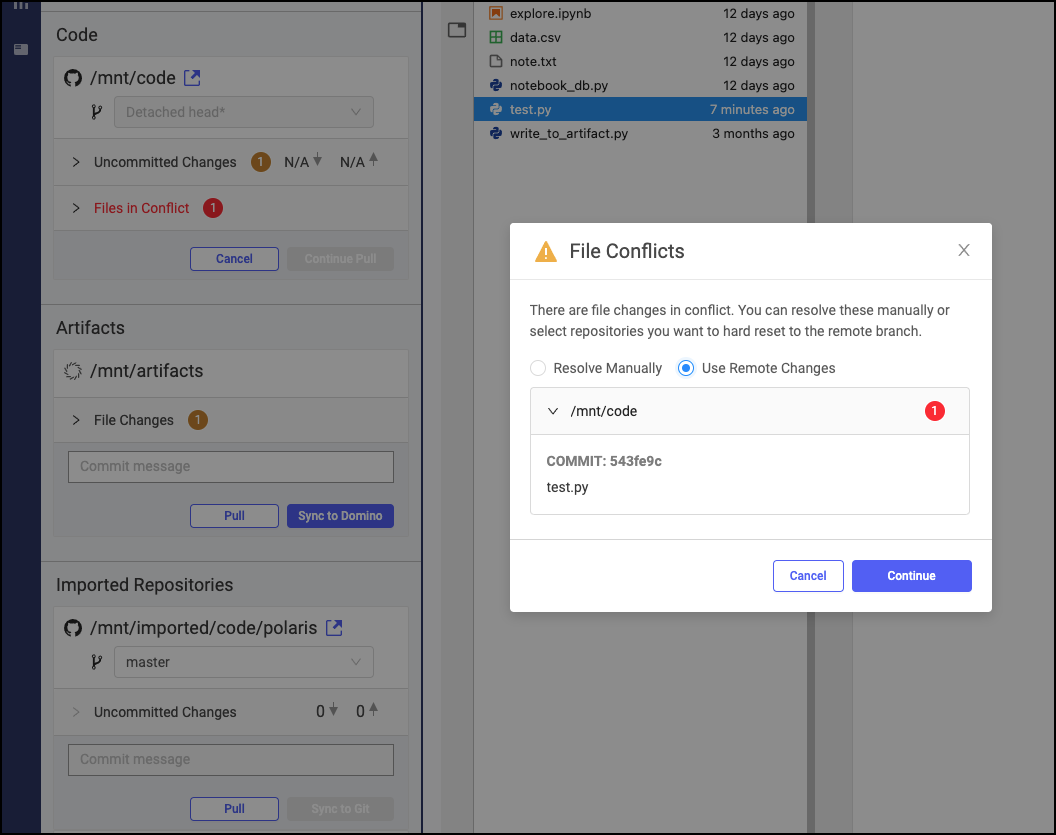 Git file conflict notification when pulling files