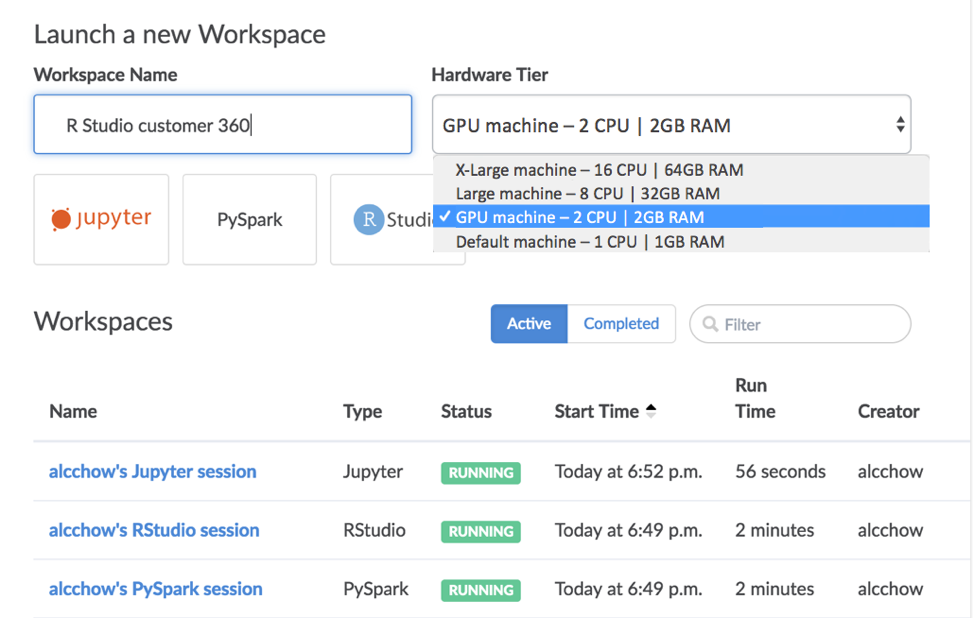 Launching a workspace in Domino with a GPU