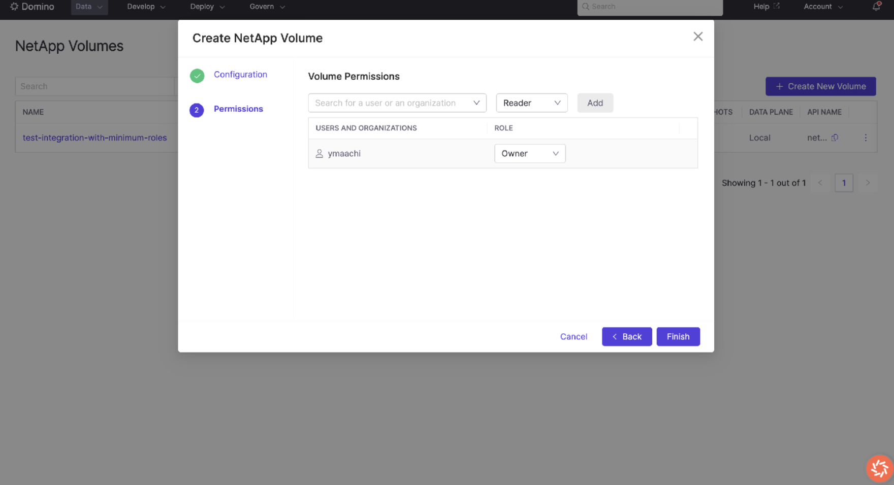 Domino Create NetApp Volume wizard. Permissions step showing user role assignment