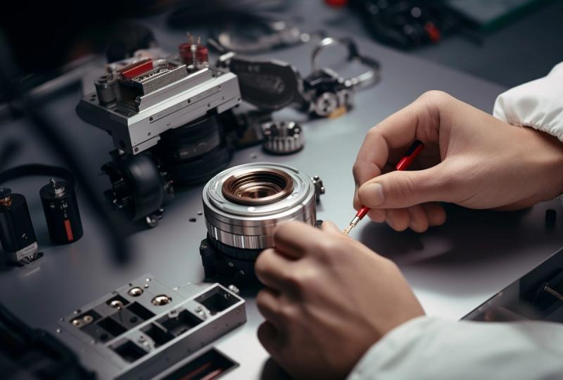 Illustration showing the hands of an artisan working on optical equipment