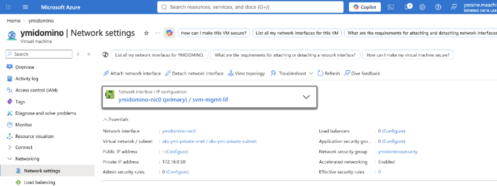 Azure Portal Network settings showing ymidomino-nic0 with svm-mgmt-lif as the active IP configuration (172.16.0.50)