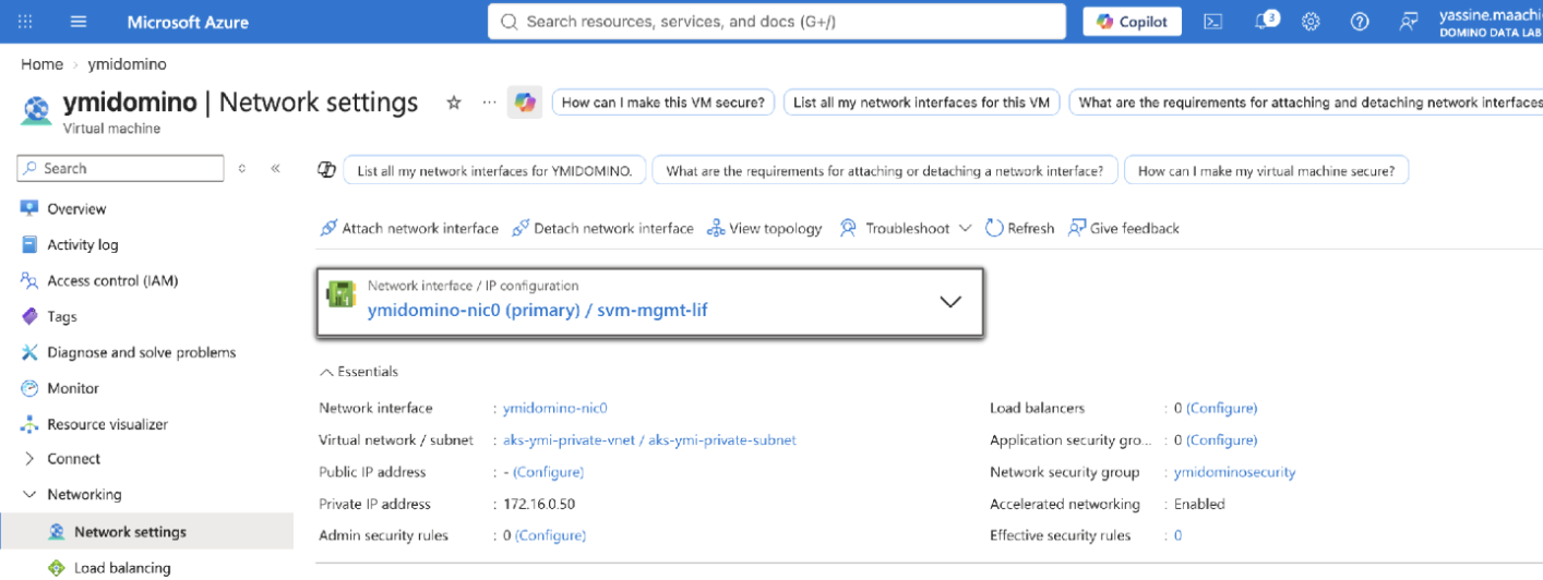Azure Portal Network settings showing ymidomino-nic0 with svm-mgmt-lif as the active IP configuration (172.16.0.50)