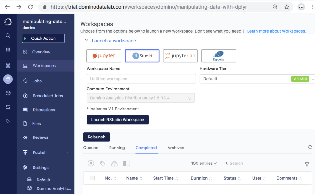 Dplyr project in Domino Data Lab