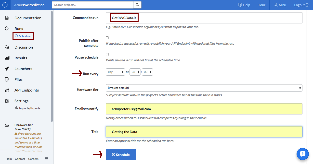 Scheduling run of model in Domino Data Lab