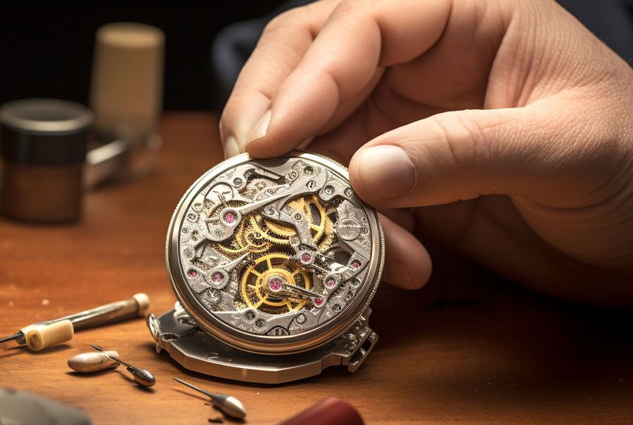 Close up of watchmaker's hand holding a watch