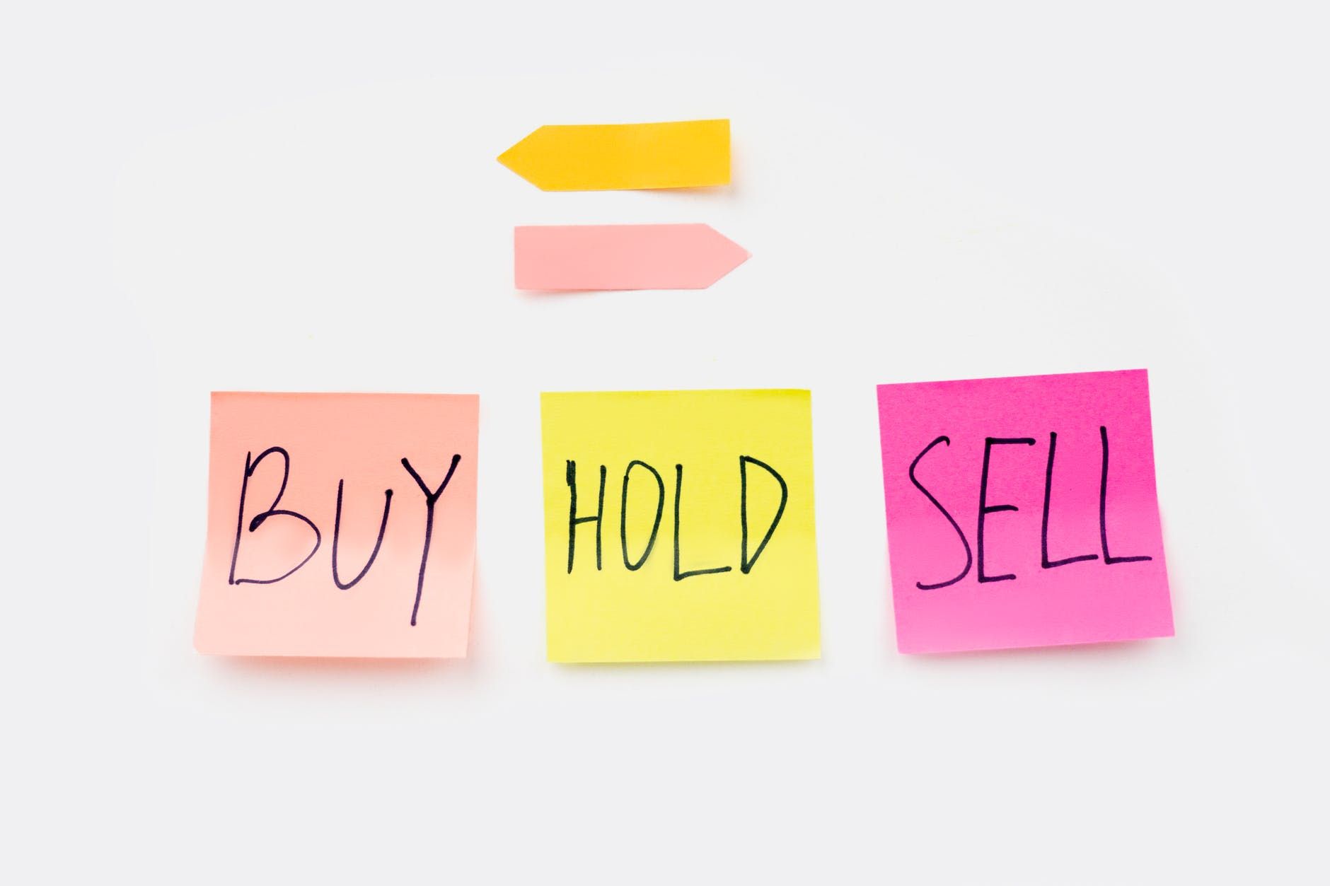 buy, hold, and sell on post-it notes