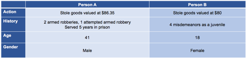 comparison example of two people arrested for petty theft with a gender attribution