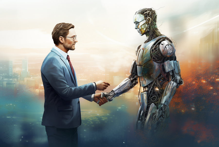 Man in suit shaking hands with robot
