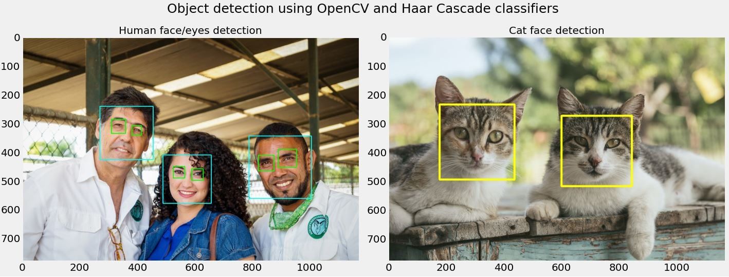 Object detection using Haar cascade classifiers. The image on the left is the result of eye and face detection for humans and the image on the right is the output for cat face detection.