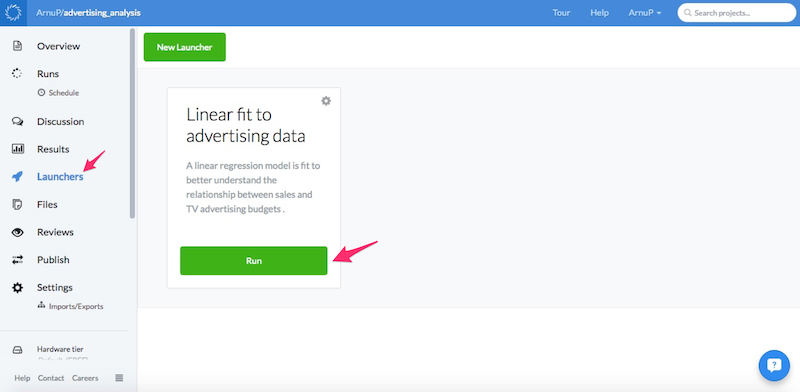 Run linear fit to advertising data in Domino