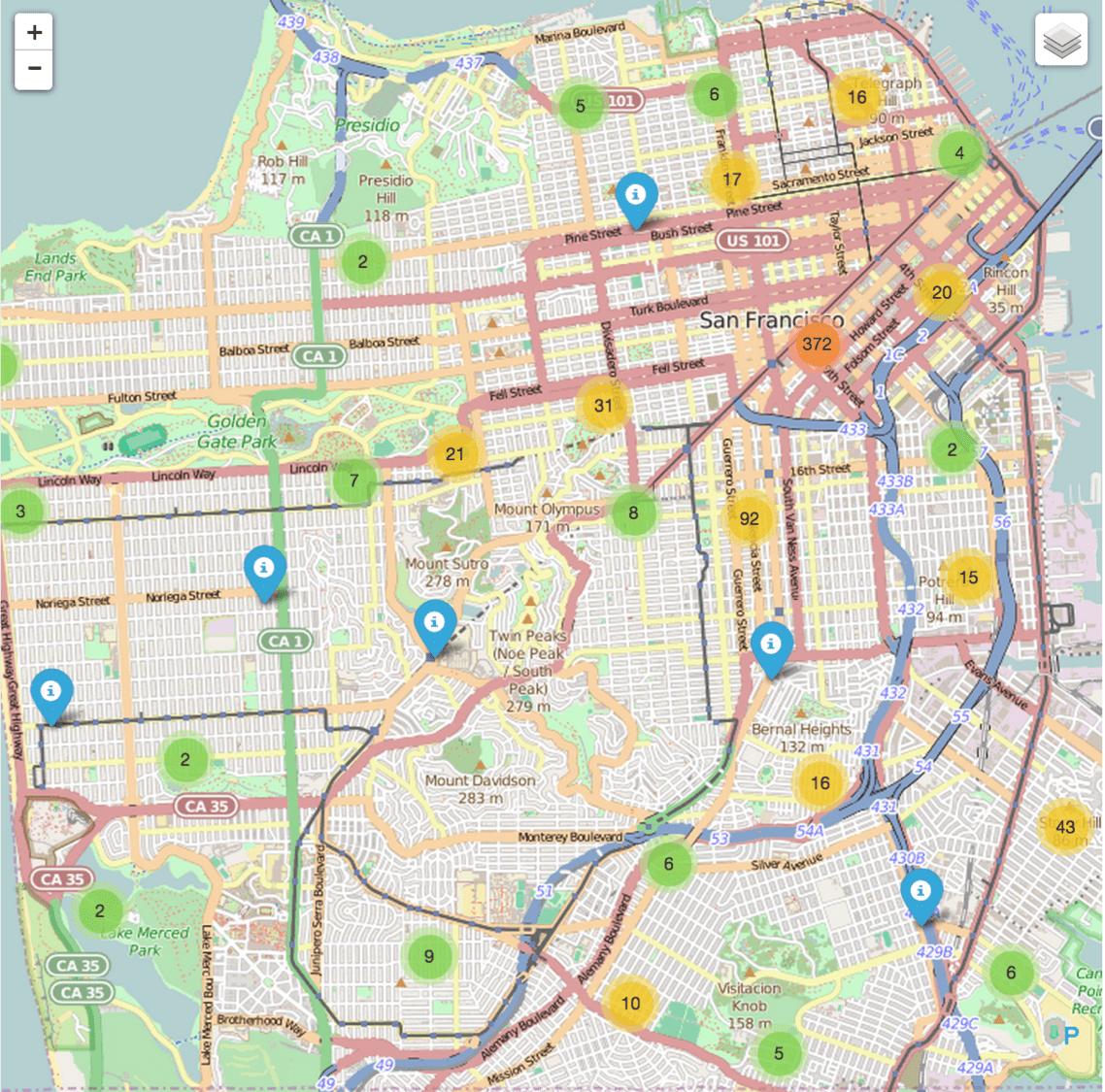 San Francisco map with crime incident clusters in choropleth
