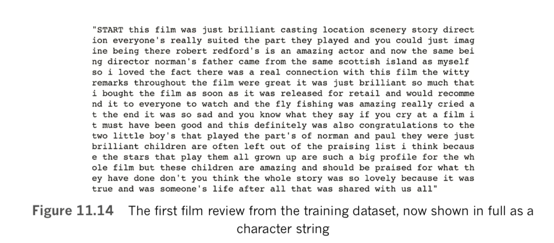 The first film review from the training dataset, now shown in full as character string