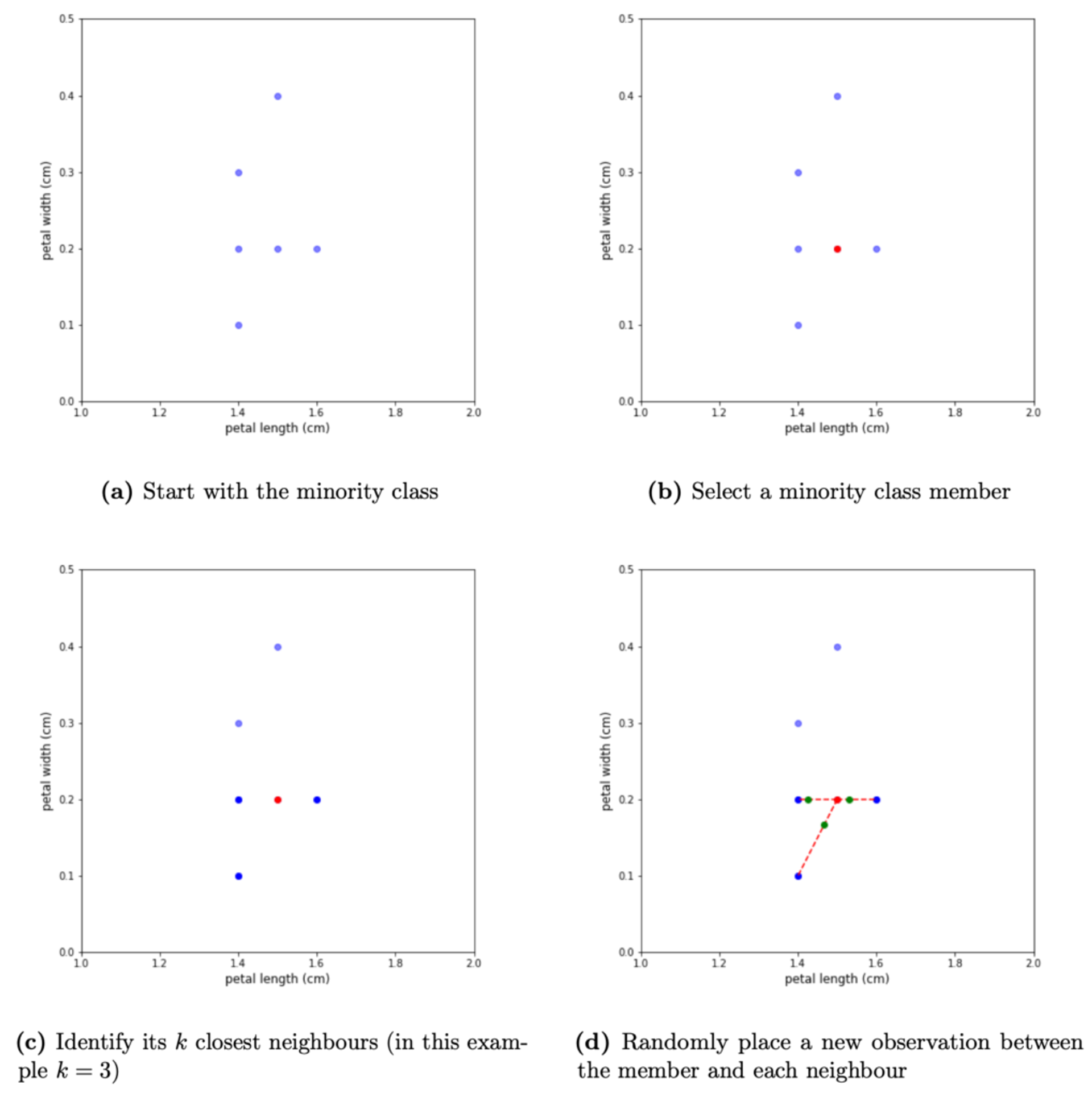 key stages of synthetic sample generation. the four subplot show how (a) we start with the minority class, (b) we select an individual minority member, (c) we find the 3 nearest neighbours for the selected member, (d) we place 3 new observations on the imaginary lines connecting the selected member to its neighbours