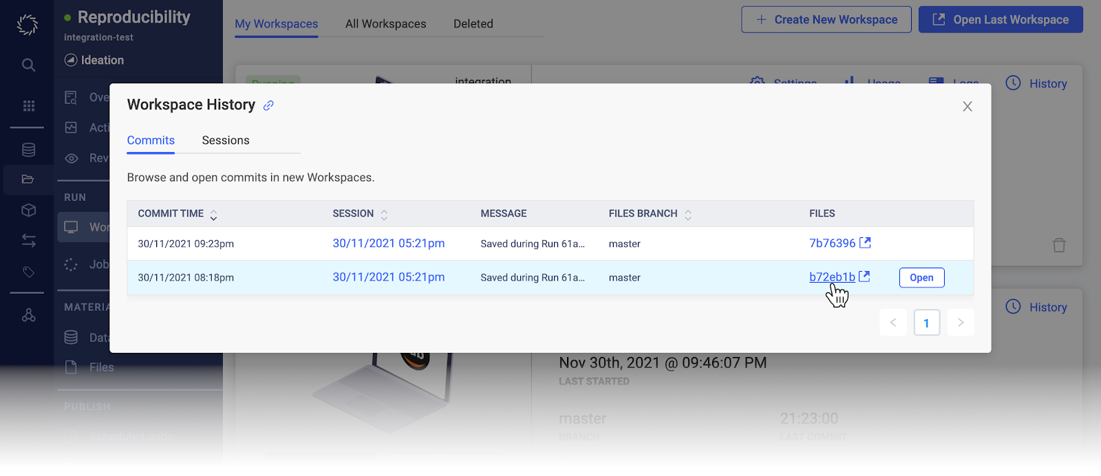 View workspace history