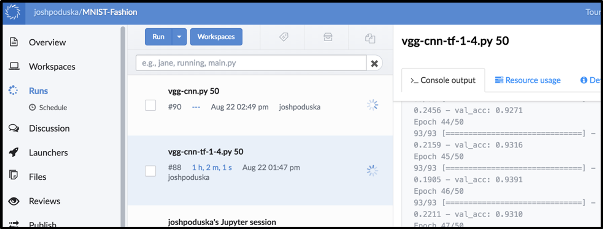 Running in Parallel on Domino (P3 C9 and P2 C8 each with 50 epochs running simultaneously)