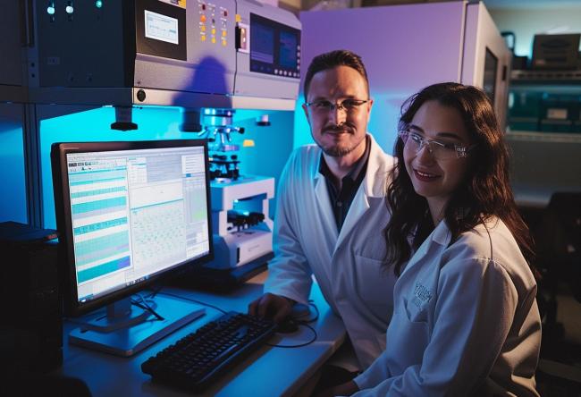 Two researchers sitting in front of a computer workstation in the lab