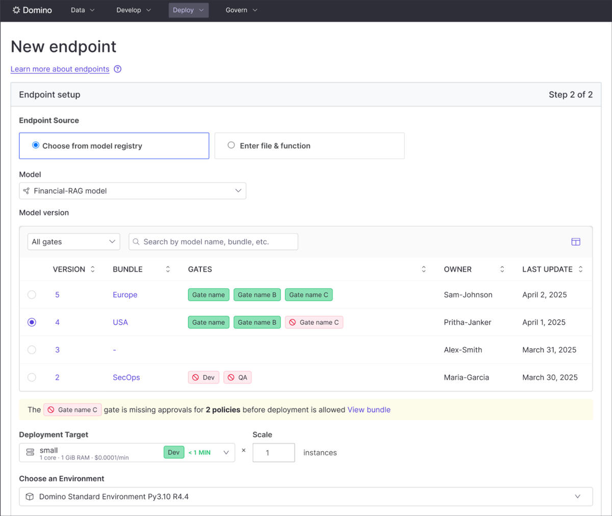 Pre-flight checks, approval gates, and policy compliance capabilities in Domino’s Spring Release ensure that only compliant models are deployed into production.