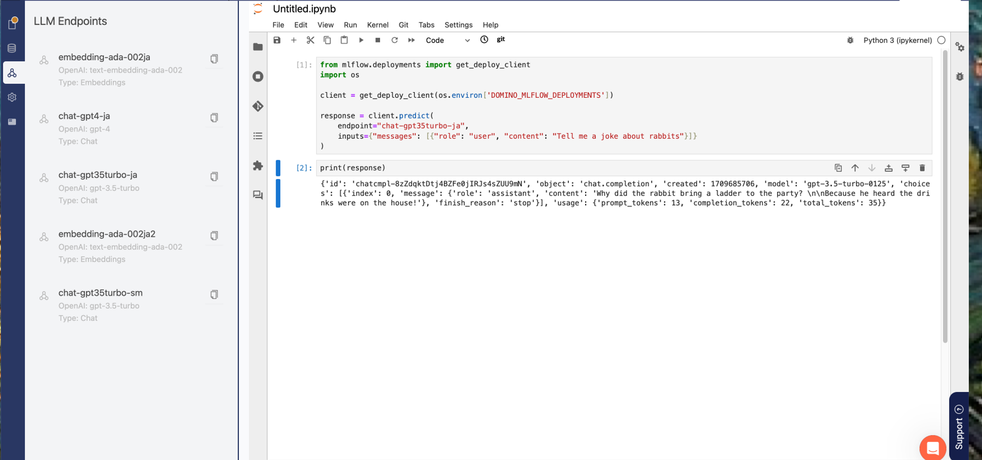 Figure 2. LLM endpoints are listed beside your Jupyter notebook UI in Domino. 