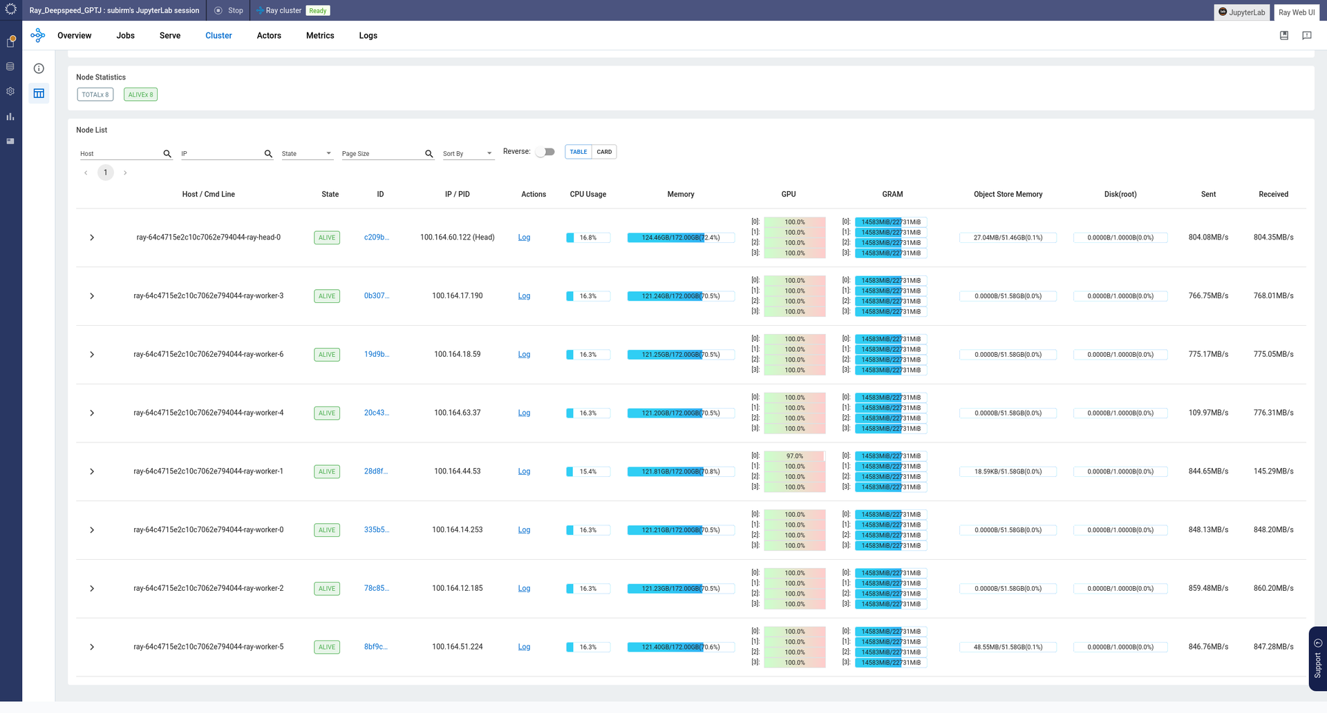 Screenshot of a visualization of a Ray cluster used to train a large language model