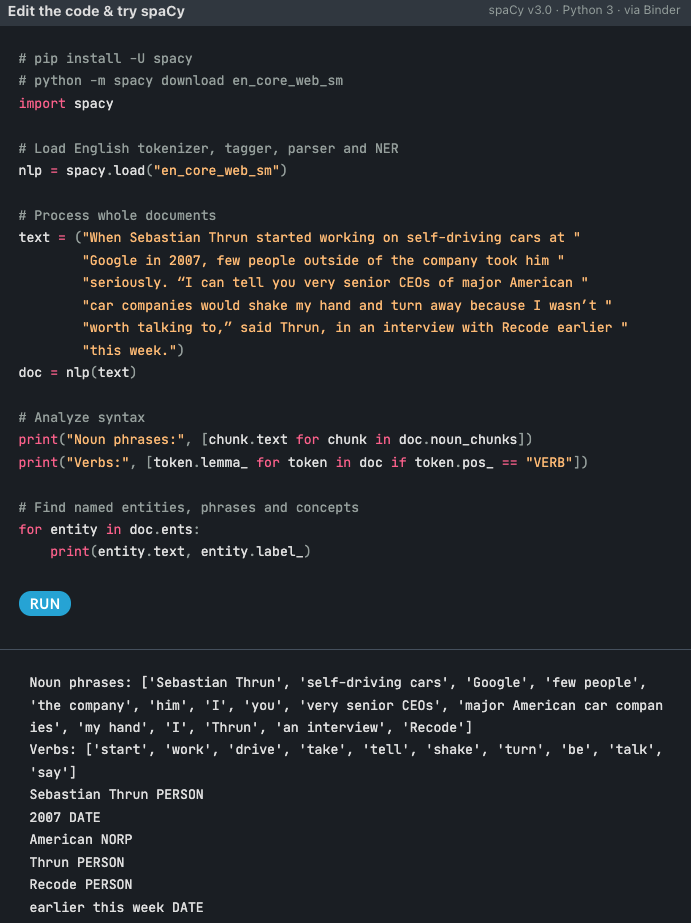 Example of using spacy nlp package
