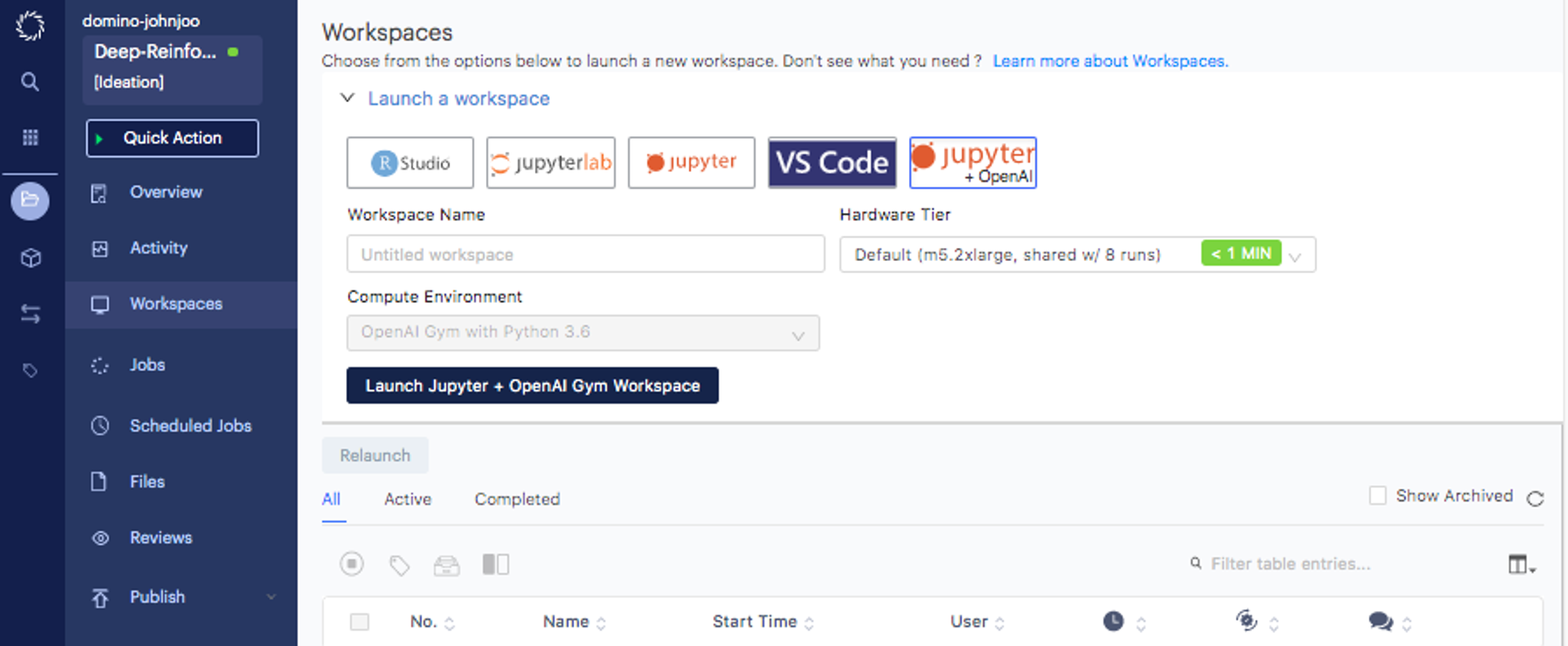 Domino Data Lab Enterprise MLOPs workspace