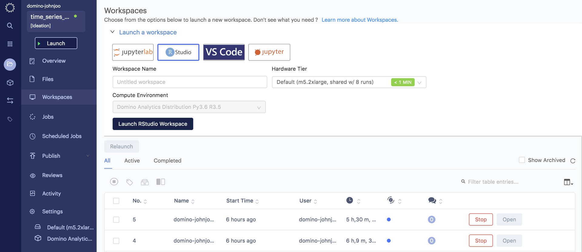 Domino Data Lab Enterprise MLOps workspace