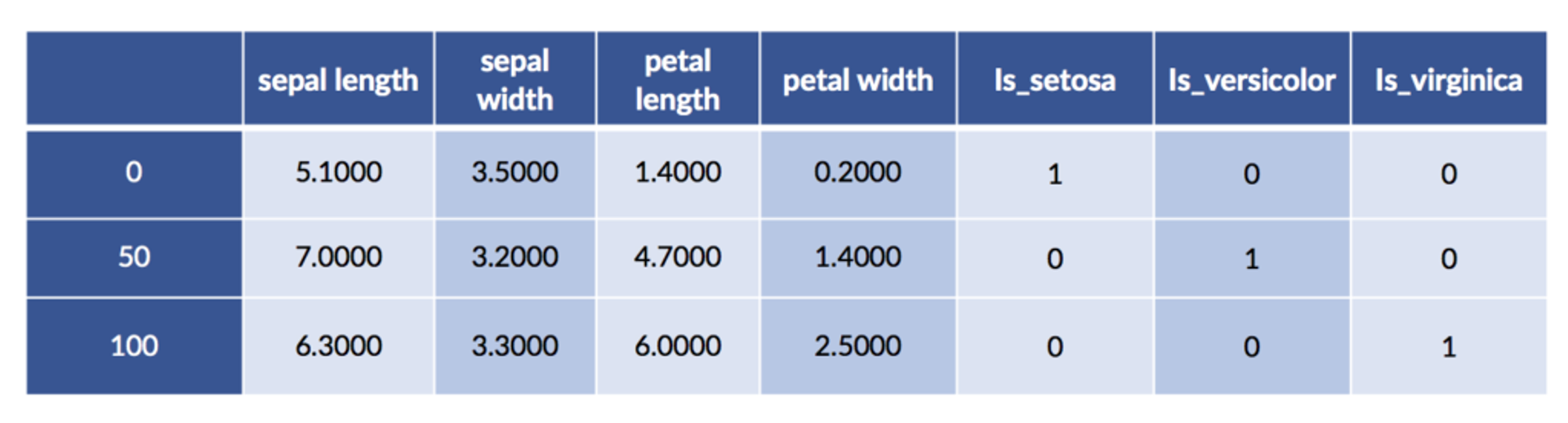 pandas DataFrame of data points in iris dataset