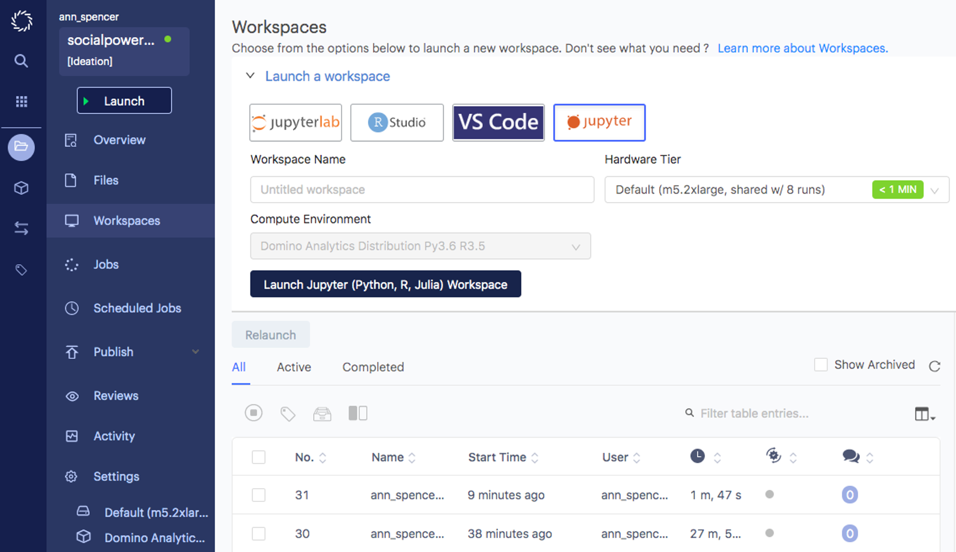 Domino Data Lab Enterprise MLOPs workspace