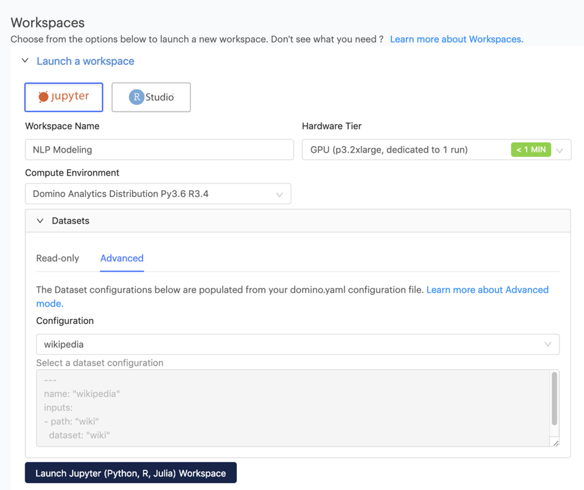 Domino Data Lab Enterprise MLOPs workspace
