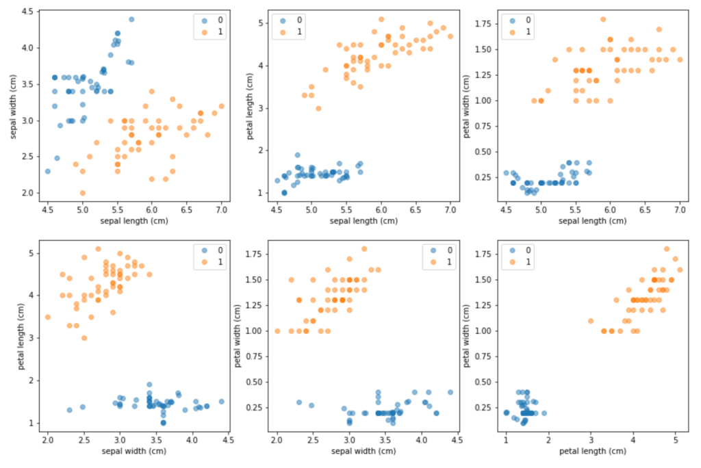 six subplots showing all possible attribute combinations after up-sampling the minority class (e.g. sepal length vs. width, sepal vs. petal length, petal length vs. width etc.)