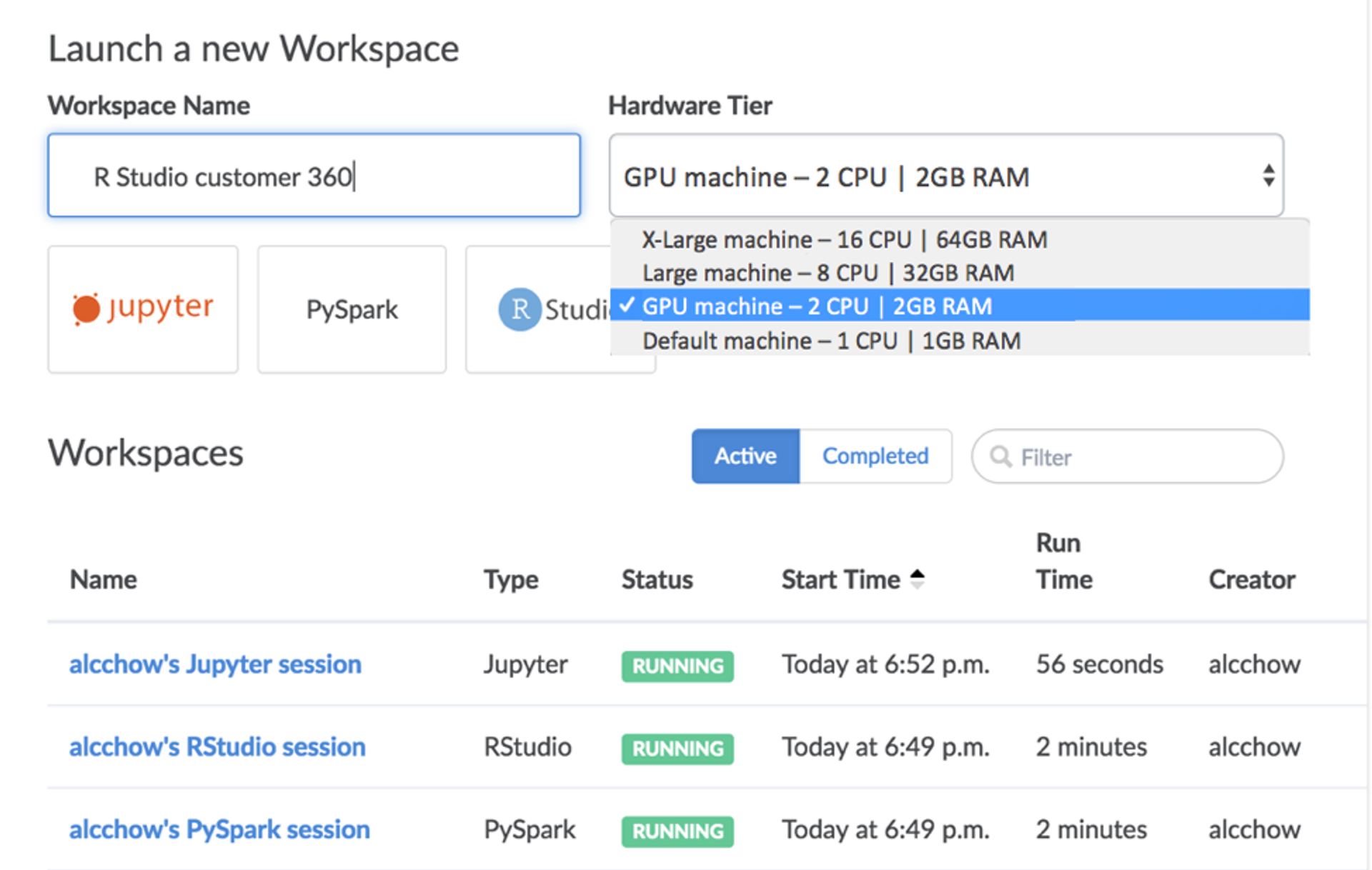 Launching a workspace in Domino with a GPU