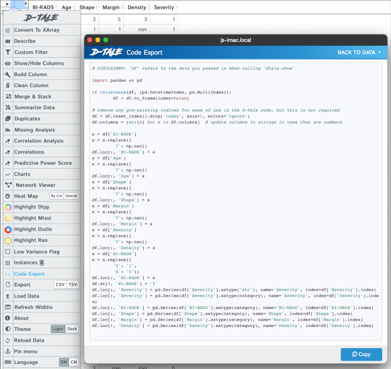 Code export in D-Tale