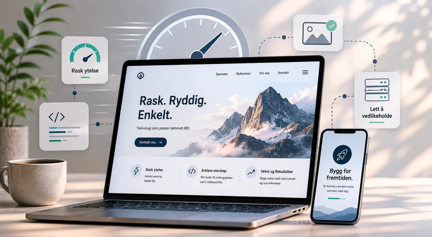 Moderne studioflate med nettsidegrensesnitt og teknologiske detaljer