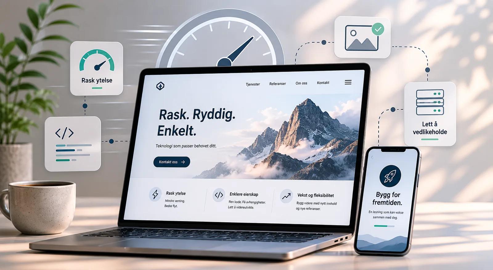 Moderne studioflate med nettsidegrensesnitt og teknologiske detaljer